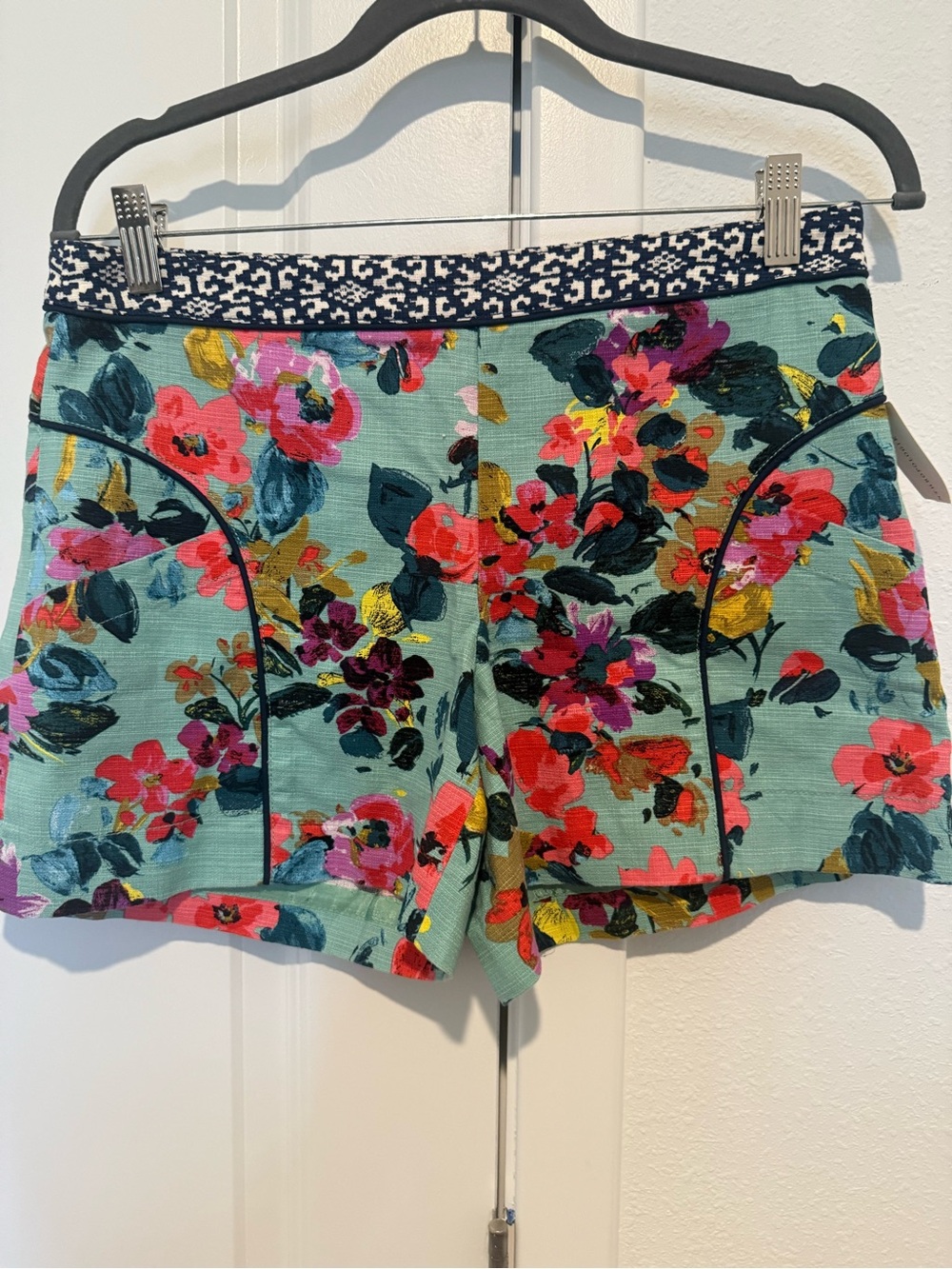 Anthropologie Mint Floral High-Waist Shorts with Patterned Waistband